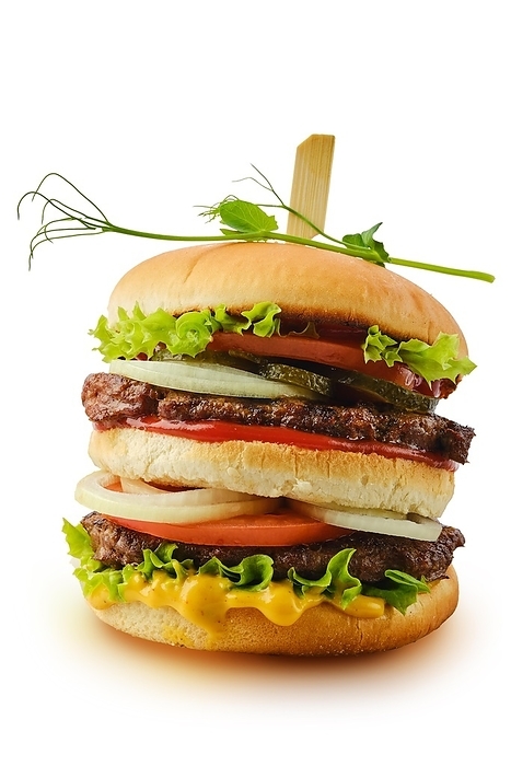 Big double beef burger with fresh vegetables isolated on white, by Aleksei Isachenko