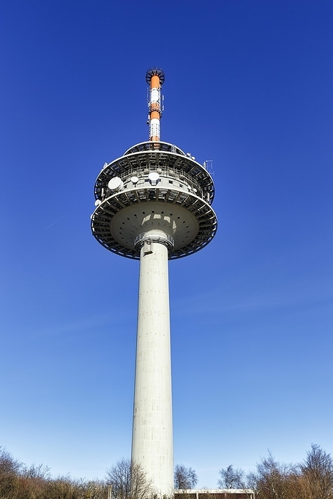 Telecommunication tower on mountain top, blue sky, Köterberg, Lügde, Weserbergland, North Rhine-Westphalia, Germany, Europe, by Angela to Roxel