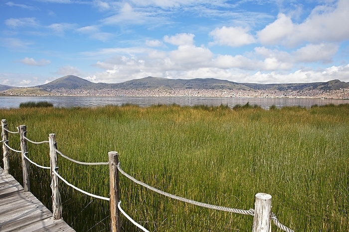 Lake Titicaca, in front reeds and a wooden footbridge, behind Puno, Puno province, Peru, South America, by Martina Katz