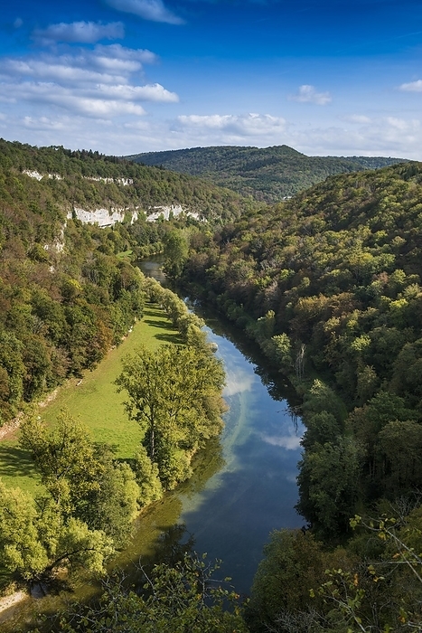 River with gorge and autumnal coloured forest, valley of the Loue, Lizine, near Besançon, Département Doubs, Bourgogne-Franche-Comté, Jura, France, Europe, by Daniel Schoenen