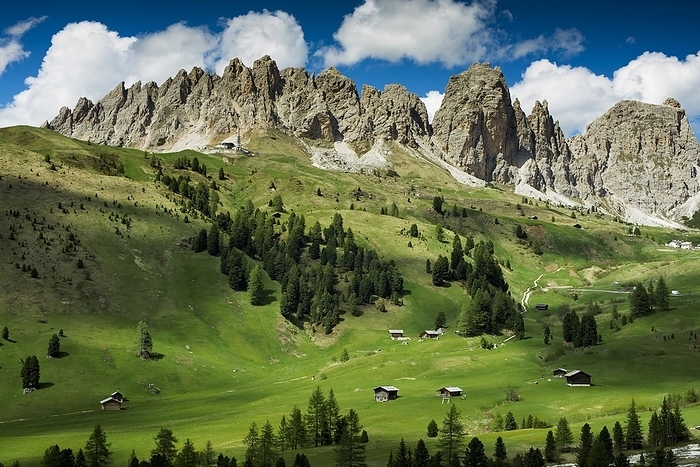 Huts on the Gardena Pass, Passo Gardena, Puez-Geisler nature park Park, Dolomites, Selva di Val Gardena, South Tyrol, Trentino-Alto Adige, Italy, Europe, by Daniel Schoenen
