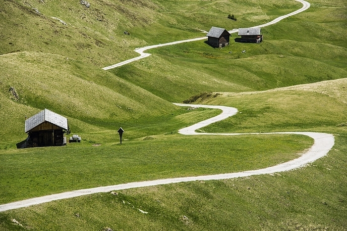 Winding path and mountain huts, Villnöss Valley, Sass Rigais, Dolomites, South Tyrol, Italy, Europe, by Daniel Schoenen