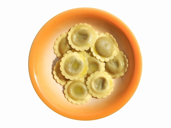 Ravioli agnolotti pasta food isolated over white, by Claudio Divizia