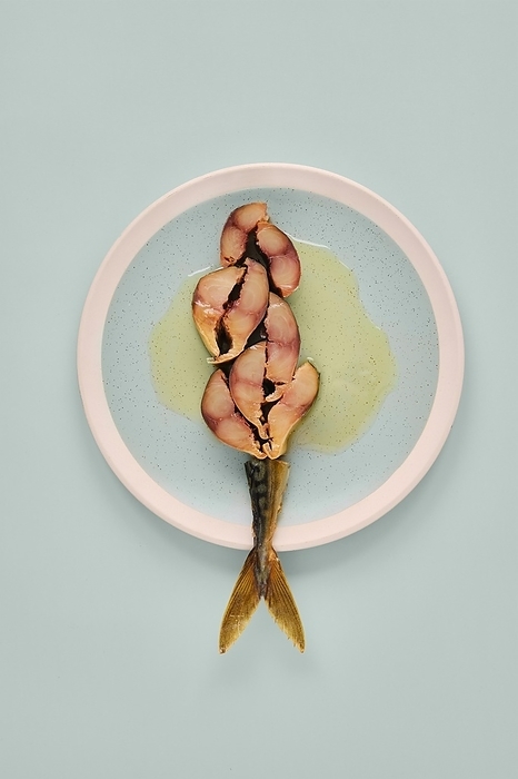 Sliced mackerel on a plate revealing its pinkish inner flesh against the darker outer skin. The plate contrasts with both the light blue background and the colors of the fish and sauce, by Aleksei Isachenko