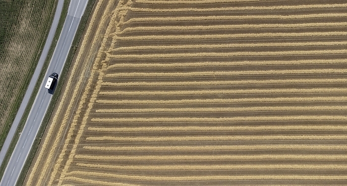 Country road with a van next to a harvested grain field with rows of straw, drone shot, Upper Bavaria, BavariaGermany, by Gerhard Nixdorf