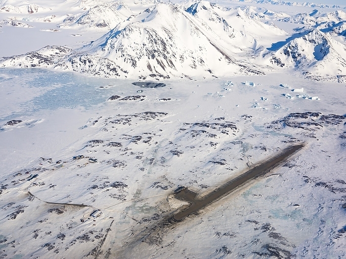 Aerial view, winter landscape, view from above on the airstrip of Kulusuk, East Greenland, Greenland, North America, by Herbert Berger