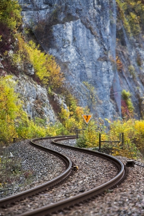 Single-track, non-electrified Danube valley railway near Thiergarten, winding railway line, autumn forest in the Upper Danube nature park Park, Beuron, Baden-Württemberg, Germany, Europe, by Arnulf Hettrich