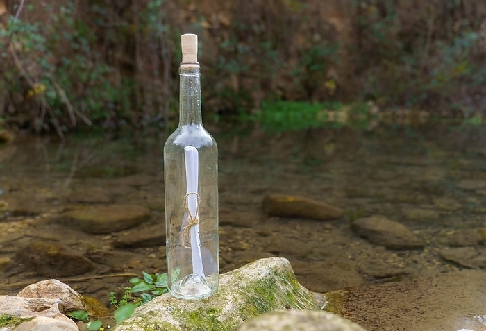 Glass bottle with a message inside on a rock on the shore of a lake, by joseantona