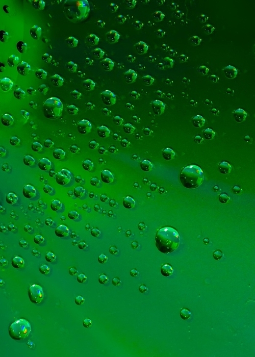 Beautiful closeup of water droplets on field of green, by John Erskin