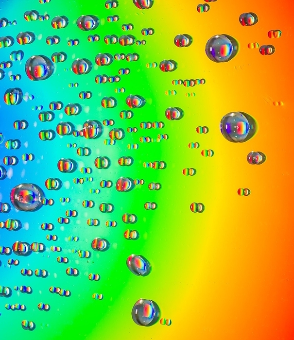 Closeup of water drops on field of beautiful rainbow colors, by John Erskin