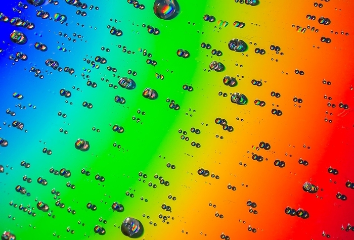 Closeup of water drops on field of beautiful rainbow colors, by John Erskin