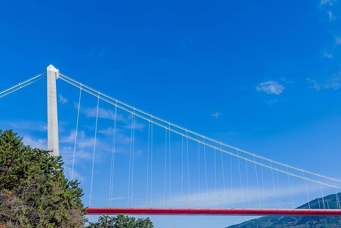 Pylons of suspension bridge on highway under blue sky, South Korea, South Korea, Asia, by aminkorea
