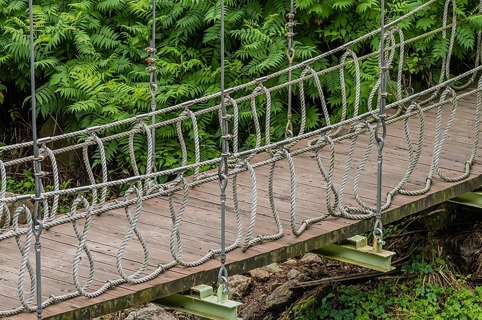 Closeup of wood and rope bridge spanning a ravine in recreational forest, South Korea, Asia, by aminkorea