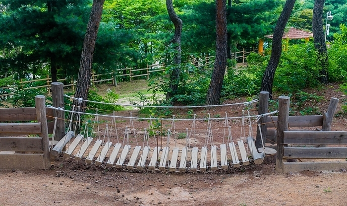 Hanging rope bridge, part of exercise and obstacle course in public park, South Korea, South Korea, Asia, by aminkorea