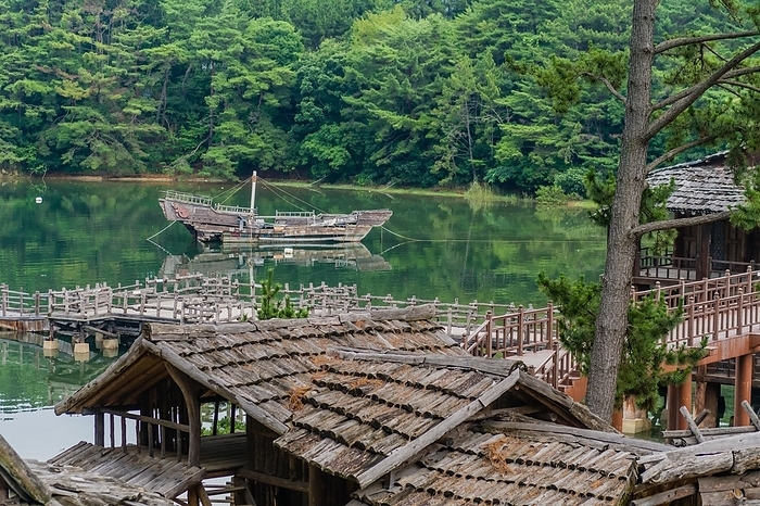 Old wooden boat in lagoon of small village used as maritime filming location, South Korea, South Korea, Asia, by aminkorea