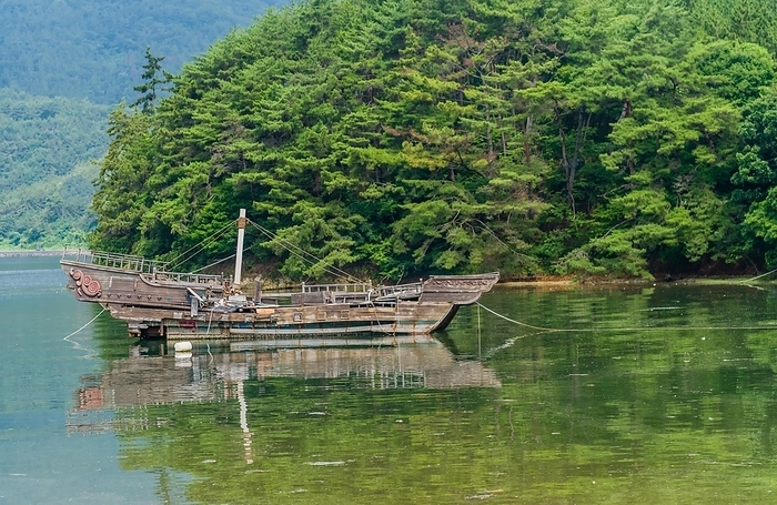 Old wooden boat in lagoon of small village used as maritime filming location, South Korea, South Korea, Asia, by aminkorea