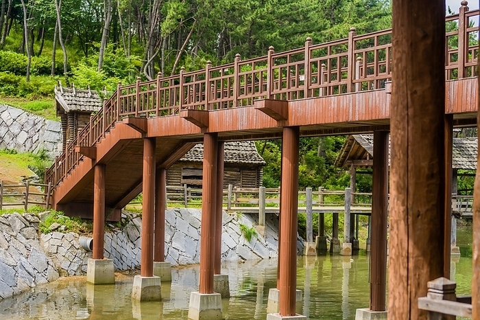 Bridge over lake water at small village used as maritime filming location, South Korea, South Korea, Asia, by aminkorea