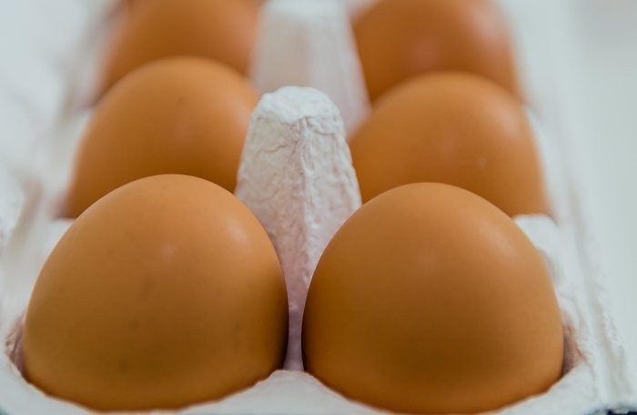 Closeup of brown eggs in white carton, by aminkorea