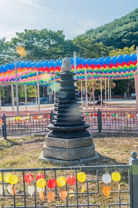 September 28, 2020: Hexagonal multi-story stone pagoda at temple in Gimje-si, South Korea, Asia, by aminkorea