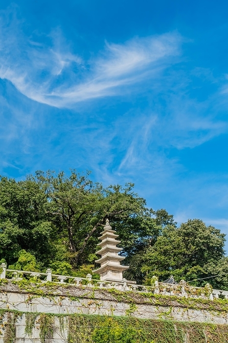 Low angle view of five story pagoda at Buddhist temple in Korea in Gimje-si, South Korea, Asia, by aminkorea