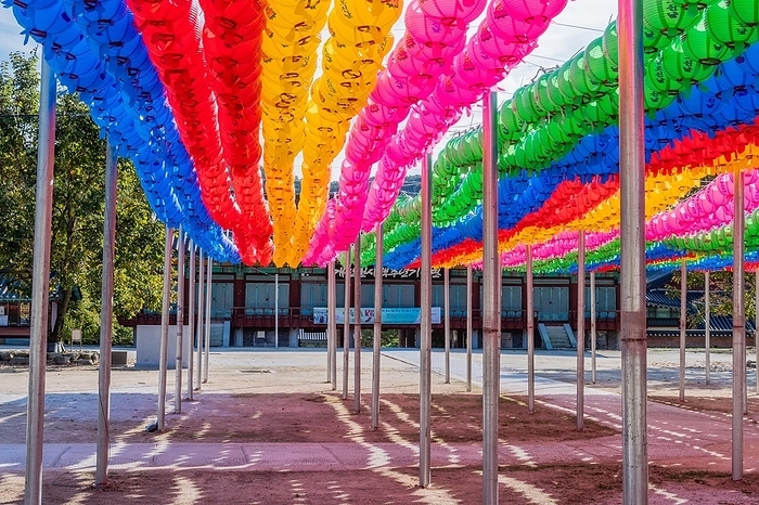 Oriental paper lanterns in vivid colors at Buddhist temple in Gimje-si, South Korea, Asia, by aminkorea