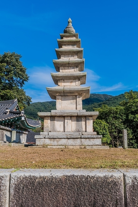 Five story pagoda at Buddhist temple in Gimje-si, South Korea, Asia, by aminkorea