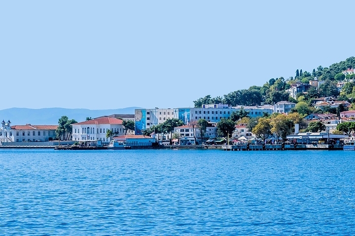 Port of Princess Island with buildings and houses around harbor in Turkey, by aminkorea
