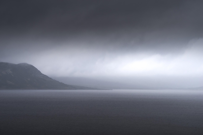 Uncomfortable atmosphere at lake Sönstevatn, landscape format, light mood, thunderstorm, rain, Uvdal, Viken, Norway, Europe, by Karsten Jeltsch