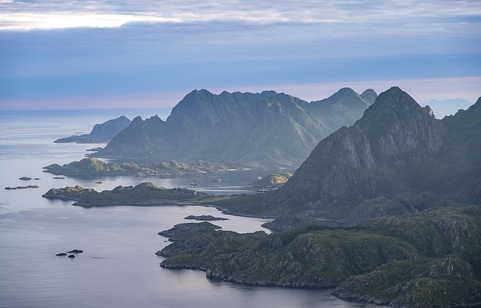 View of coast in Raftsund fjord and mountains in the evening light, view from the top of Dronningsvarden or Stortinden, Vesterålen, Norway, Europe, by Mara Brandl