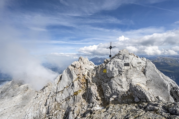 Rocky summit of the Watzmann Mittelspitze with summit cross, Berchtesgaden National Park, Berchtesgaden Alps, Bavaria, Germany, Europe, by Mara Brandl