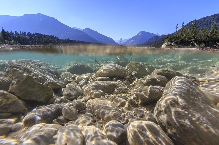 Underwater shot of river in front of mountains, midday light, Isar, Vorderriss, Karwendel Mountains, Bavaria, Germany, Europe, by Martina Melzer