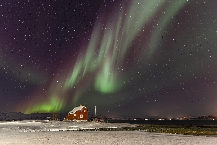 Northern lights over a red house by the sea, aurora borealis, snow, winter, Kvalsund, Repparfjord, Finnmark, Norway, Europe, by Martina Melzer