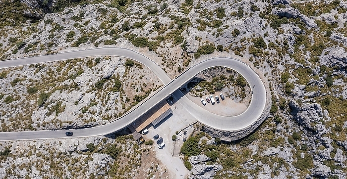 Aerial view, view from above, mountain pass with serpentines to Sa Colobra, road loop Nus de Sa Corbata, Serra de Tramuntana, Majorca, Balearic Islands, Spain, Europe, by Moritz Wolf