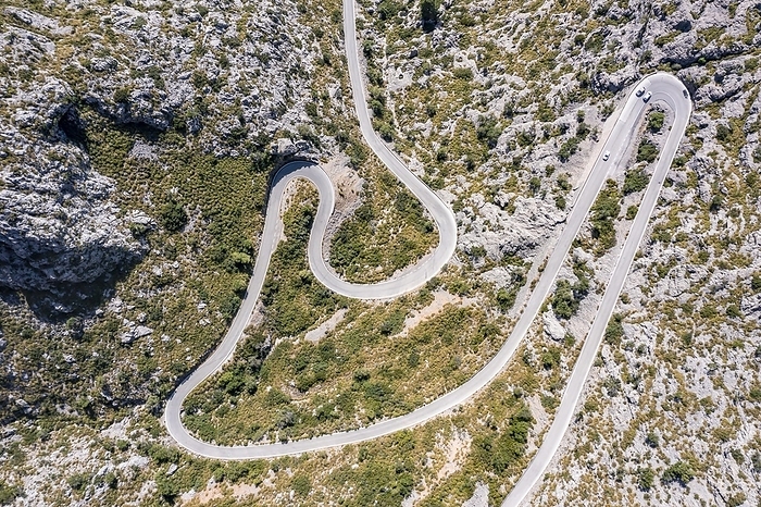 Aerial view, view from above, mountain pass with serpentines to Sa Colobra, Serra de Tramuntana, Majorca, Balearic Islands, Spain, Europe, by Moritz Wolf