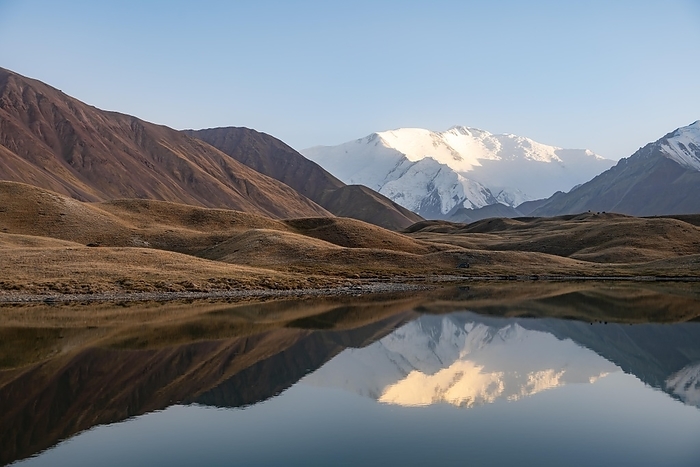 Mountains reflected in a small mountain lake, Pik Lenin, Trans Alay Mountains, Pamir Mountains, Osh Province, Kyrgyzstan, Asia, by Moritz Wolf