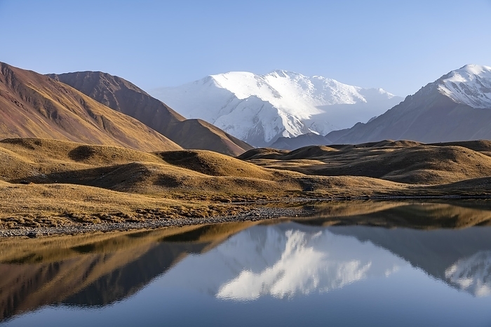 Mountains reflected in a small mountain lake, Pik Lenin, Trans Alay Mountains, Pamir Mountains, Osh Province, Kyrgyzstan, Asia, by Moritz Wolf