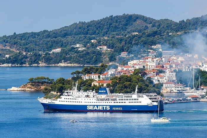 Seajets ferry and boats in the sea off the Mediterranean island of Skiathos, Greece, Europe, by Markus Mainka