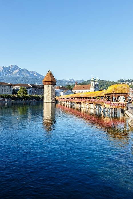 Lucerne city on the river Reuss with Chapel Bridge and Mount Pilatus in Lucerne, Switzerland, Europe, by Markus Mainka
