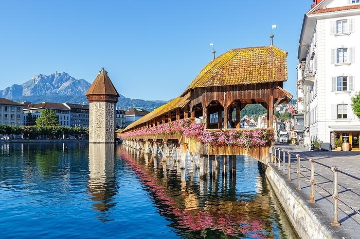 Lucerne city on the river Reuss with Chapel Bridge and Mount Pilatus in Lucerne, Switzerland, Europe, by Markus Mainka