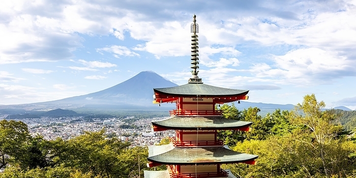View of Mount Fuji with Chureito Pagoda in Arakurayama Sengen Park Panorama in Shimoyoshida, Japan, Asia, by Markus Mainka