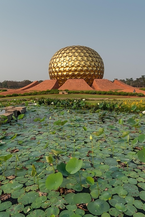 Lotus pond, meditation centre Matrimandir or Matri Mandir, future city Auroville, near Pondicherry or Puducherry, Tamil Nadu, India, Asia, by Olaf Krüger