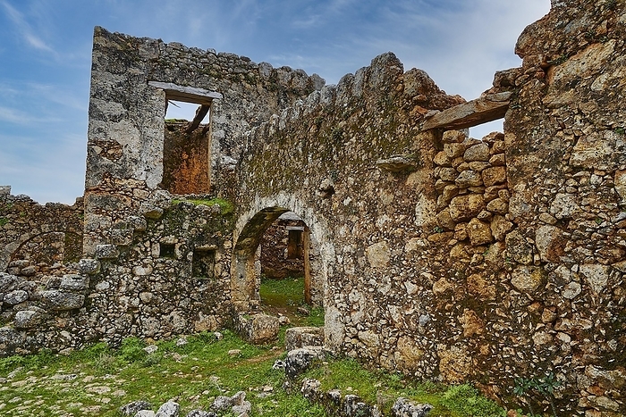 Historic ruins with window openings and a vault, surrounded by green vegetation, sky replaced, Aradena Gorge, Aradena, Sfakia, Crete, Greece, Europe, by Ralf Adler