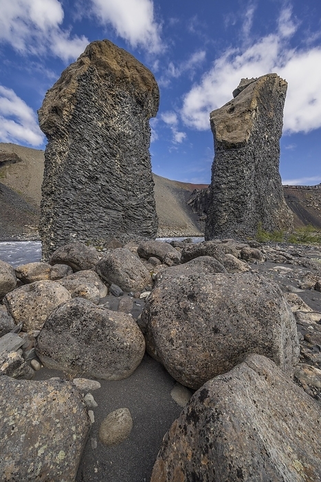 Iceland Karl og Kerling, translation old man and old woman, basalt rock pillars, petrified trolls according to legend, J kulsa a Fj llum Canyon, eastern Iceland, by Rainer M ller