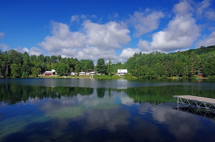 Small lake with bathing jetty and few houses, Quebec, Canada, North America, by Reinhard Pantke