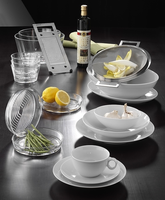 Food, cups, plates, bowls, olive oil bottle, by Reinhard Rohner
