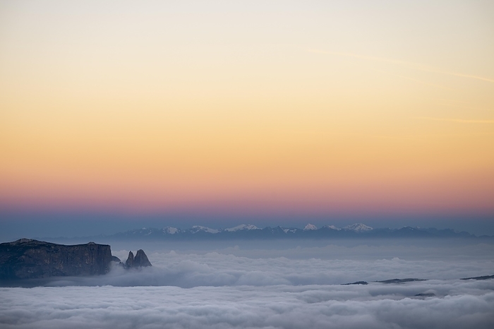 Sea of fog with Dolomite peaks in the background at blue hour, Corvara, Dolomites, Italy, Europe, by Robert Seitz