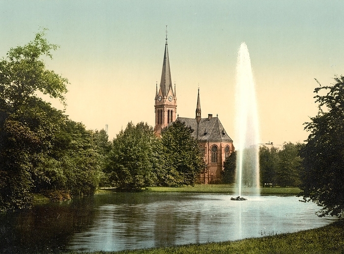 Johannapark with pond and Luther church, Leipzig, Saxony, Germany, Historic, digitally restored reproduction of a photochrome print from the 1890s, Europe, by Sunny Celeste