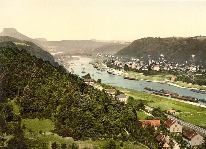 Bad Schandau an der Elbe, Saxony, Germany, Historic, digitally restored reproduction of a photochromic print from the 1890s, Europe, by Sunny Celeste