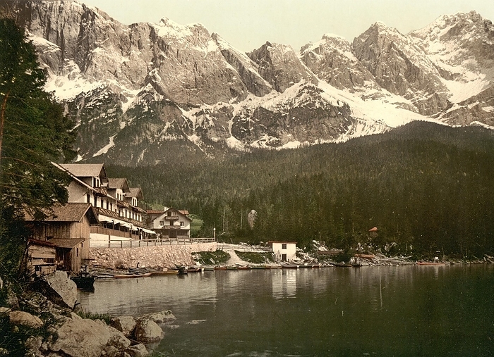 The Eibsee lake in Upper Bavaria, Bavaria, Germany, Historic, digitally restored reproduction of a photochromic print from the 1890s, Europe, by Sunny Celeste