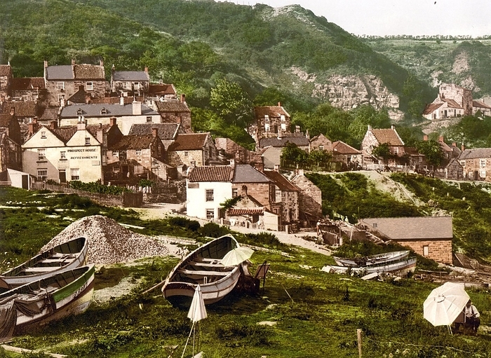 Runswick Bay, Whitby, a historic harbour town on the North Sea coast of the county of Yorkshire in England, around 1890, Historic, digitally restored reproduction from a 19th century original, by Sunny Celeste